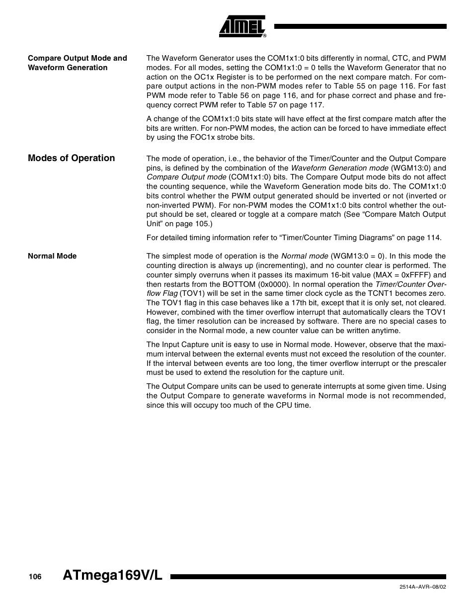 Compare output mode and waveform generation, Modes of operation, Normal mode | Atmega169v/l | Rainbow Electronics Atmega169L User Manual | Page 106 / 317