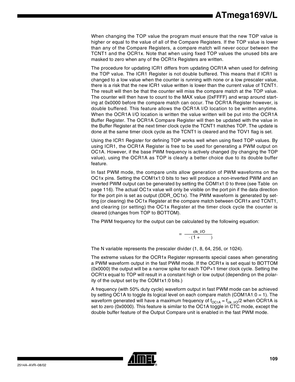 Atmega169v/l | Rainbow Electronics Atmega169L User Manual | Page 109 / 317