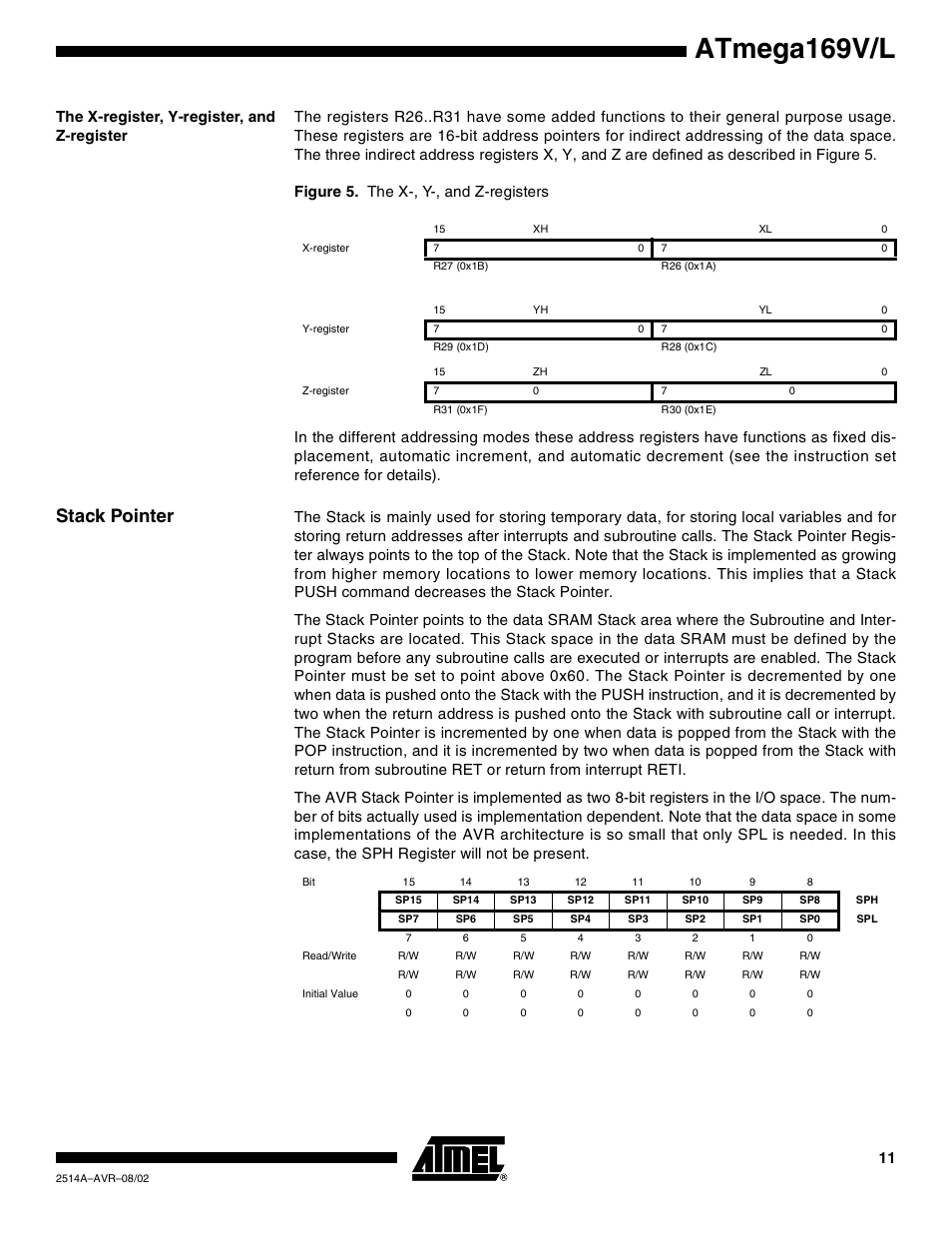 The x-register, y-register, and z-register, Stack pointer, Atmega169v/l | Rainbow Electronics Atmega169L User Manual | Page 11 / 317