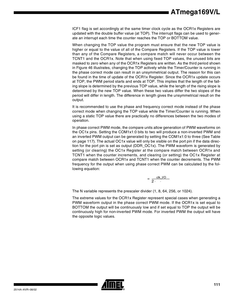 Atmega169v/l | Rainbow Electronics Atmega169L User Manual | Page 111 / 317