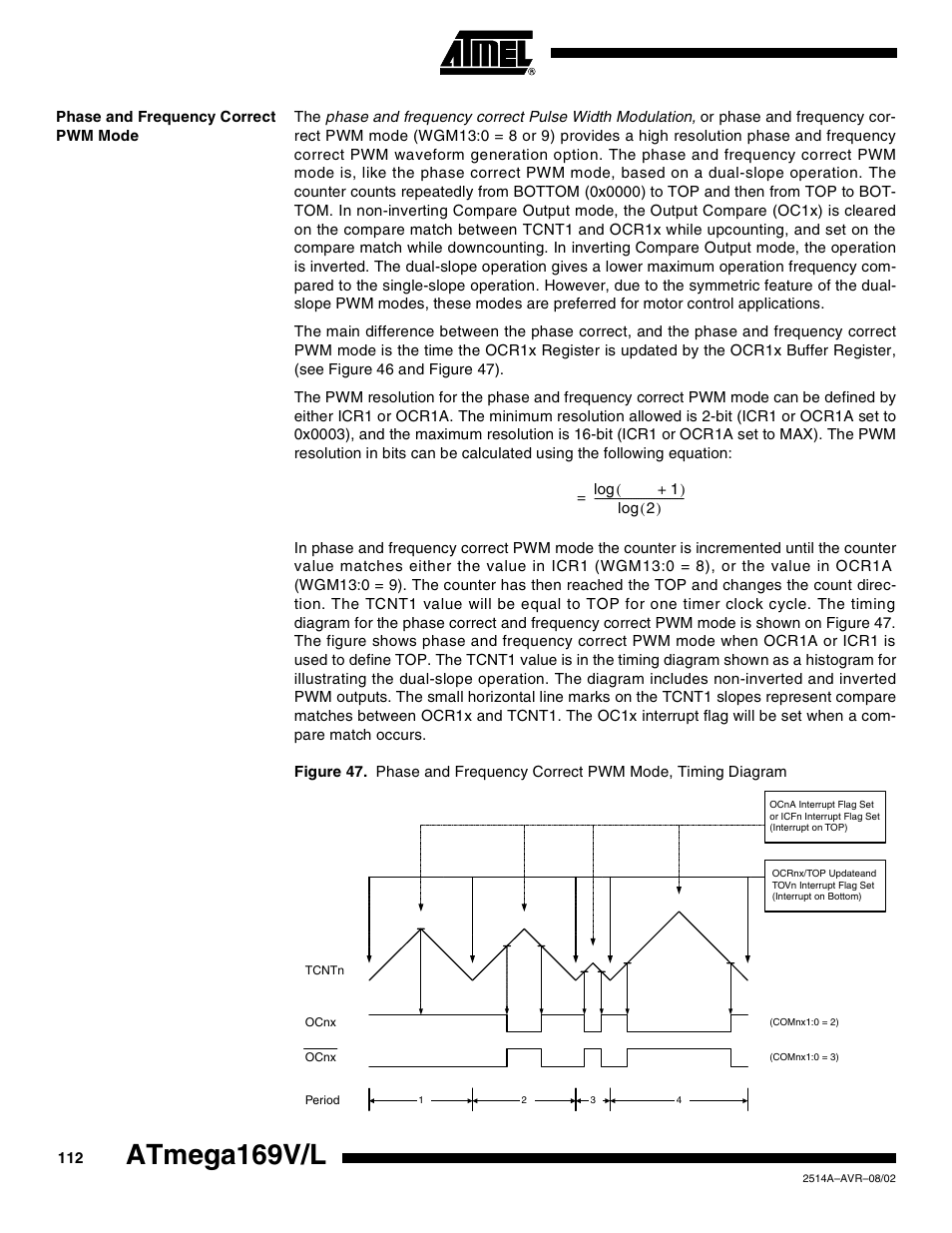 Phase and frequency correct pwm mode, Atmega169v/l | Rainbow Electronics Atmega169L User Manual | Page 112 / 317