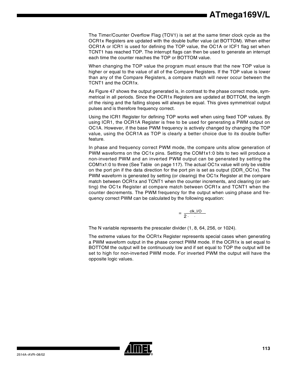 Atmega169v/l | Rainbow Electronics Atmega169L User Manual | Page 113 / 317