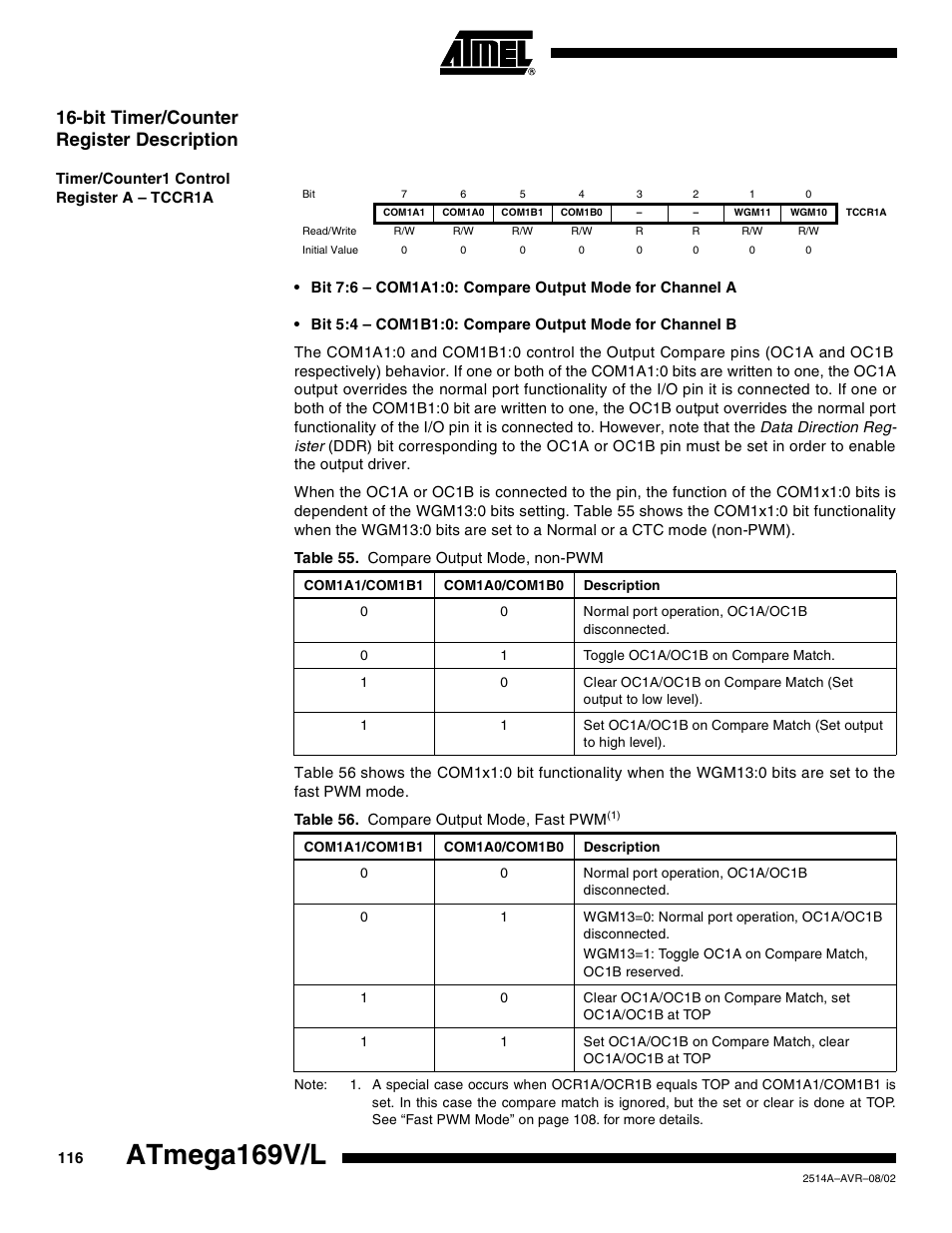Bit timer/counter register description, Timer/counter1 control register a – tccr1a, Atmega169v/l | Rainbow Electronics Atmega169L User Manual | Page 116 / 317