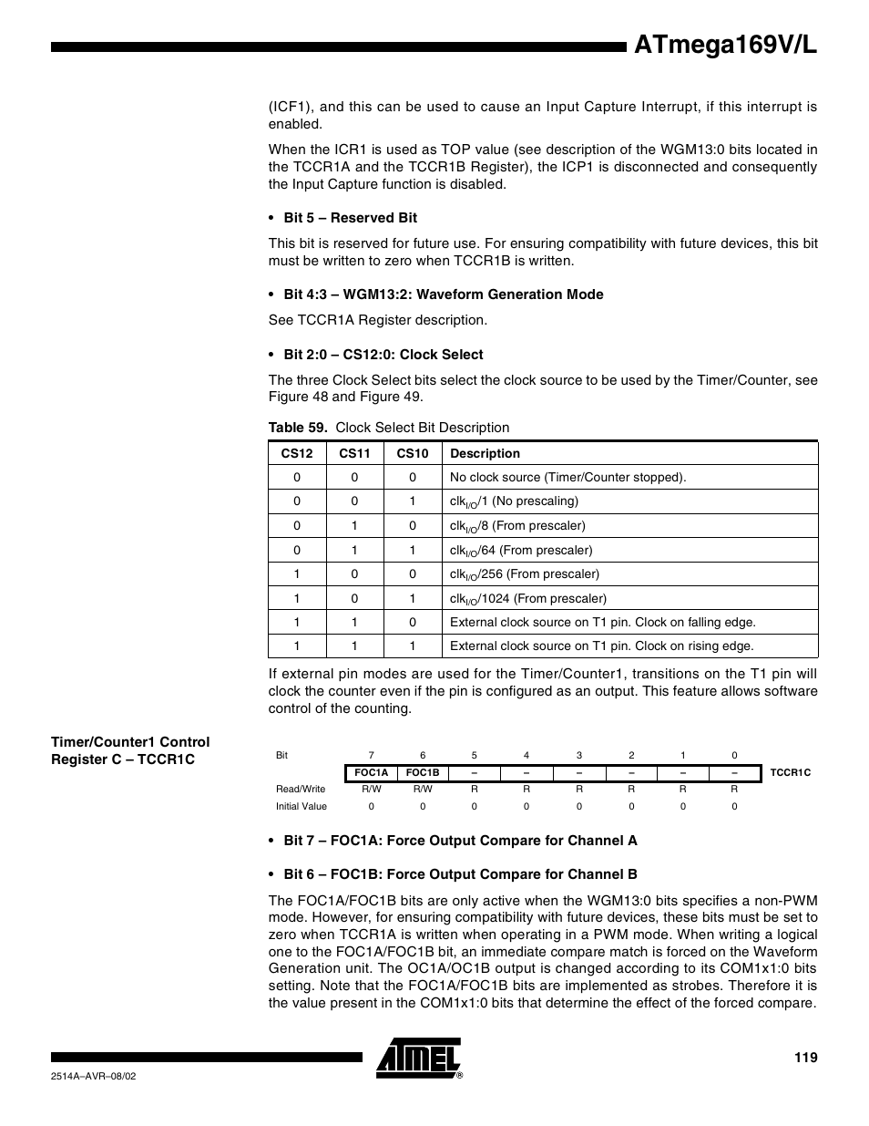 Timer/counter1 control register c – tccr1c, Atmega169v/l | Rainbow Electronics Atmega169L User Manual | Page 119 / 317