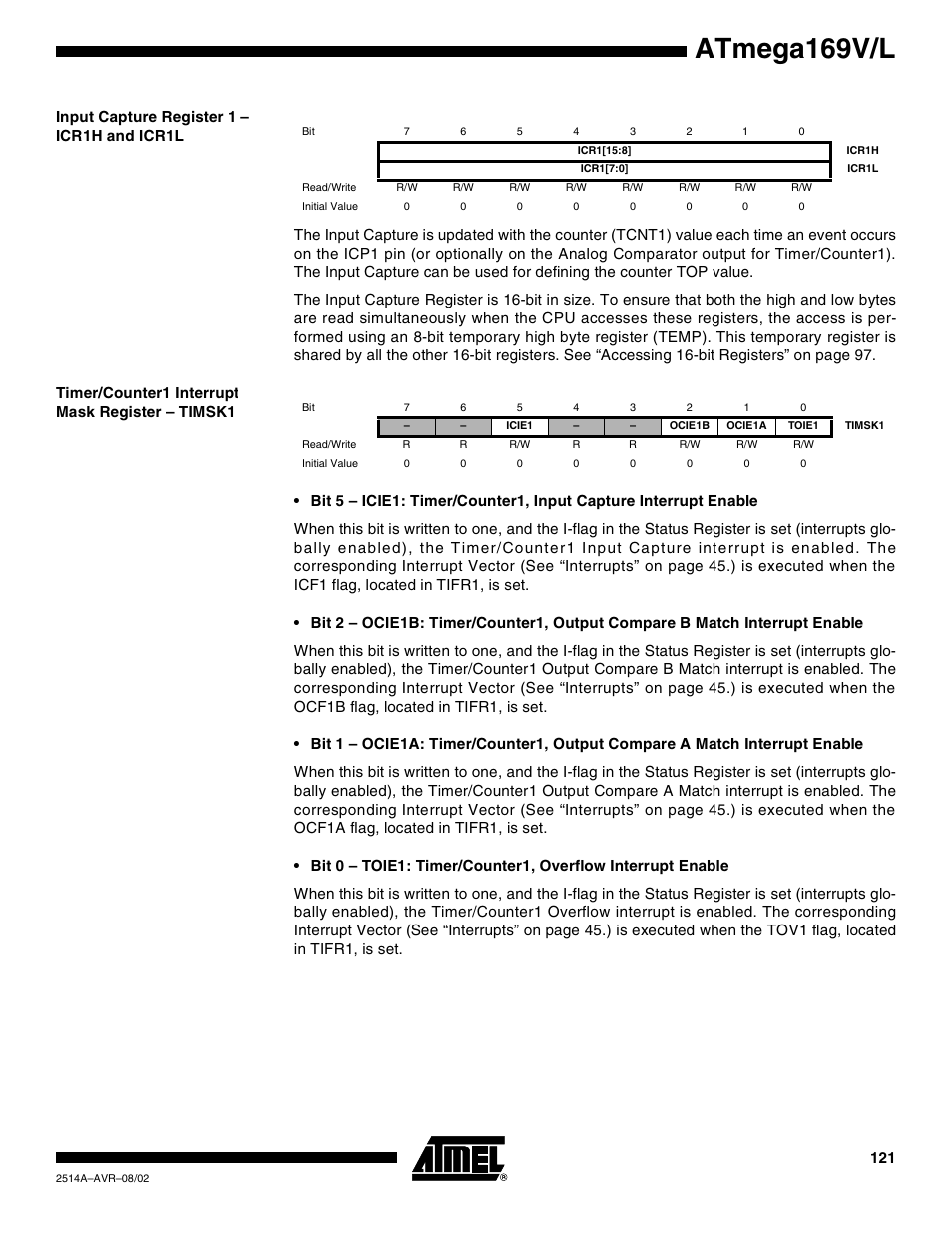 Input capture register 1 – icr1h and icr1l, Timer/counter1 interrupt mask register – timsk1, Atmega169v/l | Rainbow Electronics Atmega169L User Manual | Page 121 / 317