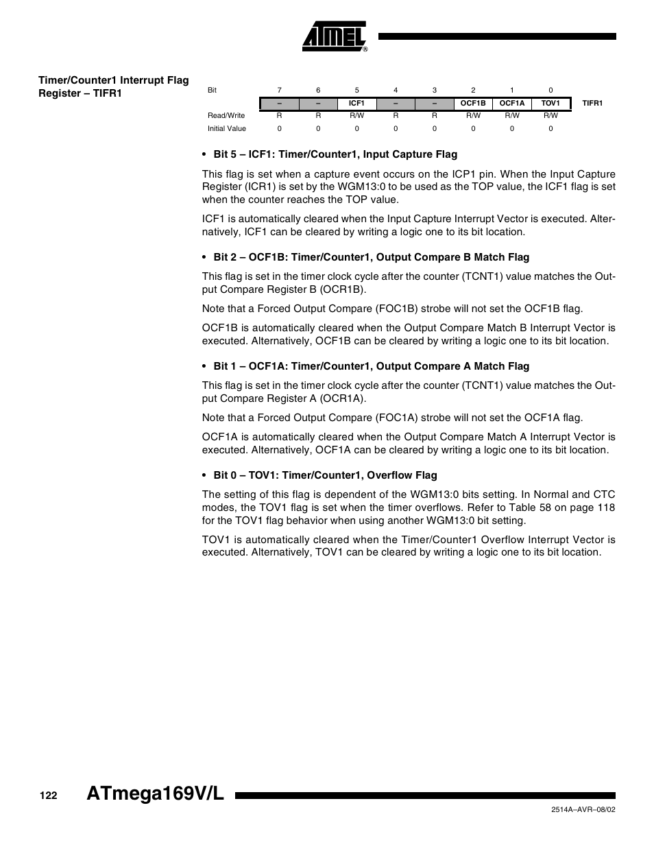 Timer/counter1 interrupt flag register – tifr1, Atmega169v/l | Rainbow Electronics Atmega169L User Manual | Page 122 / 317