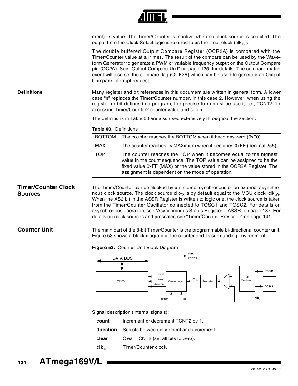 Definitions, Timer/counter clock sources, Counter unit | Atmega169v/l | Rainbow Electronics Atmega169L User Manual | Page 124 / 317