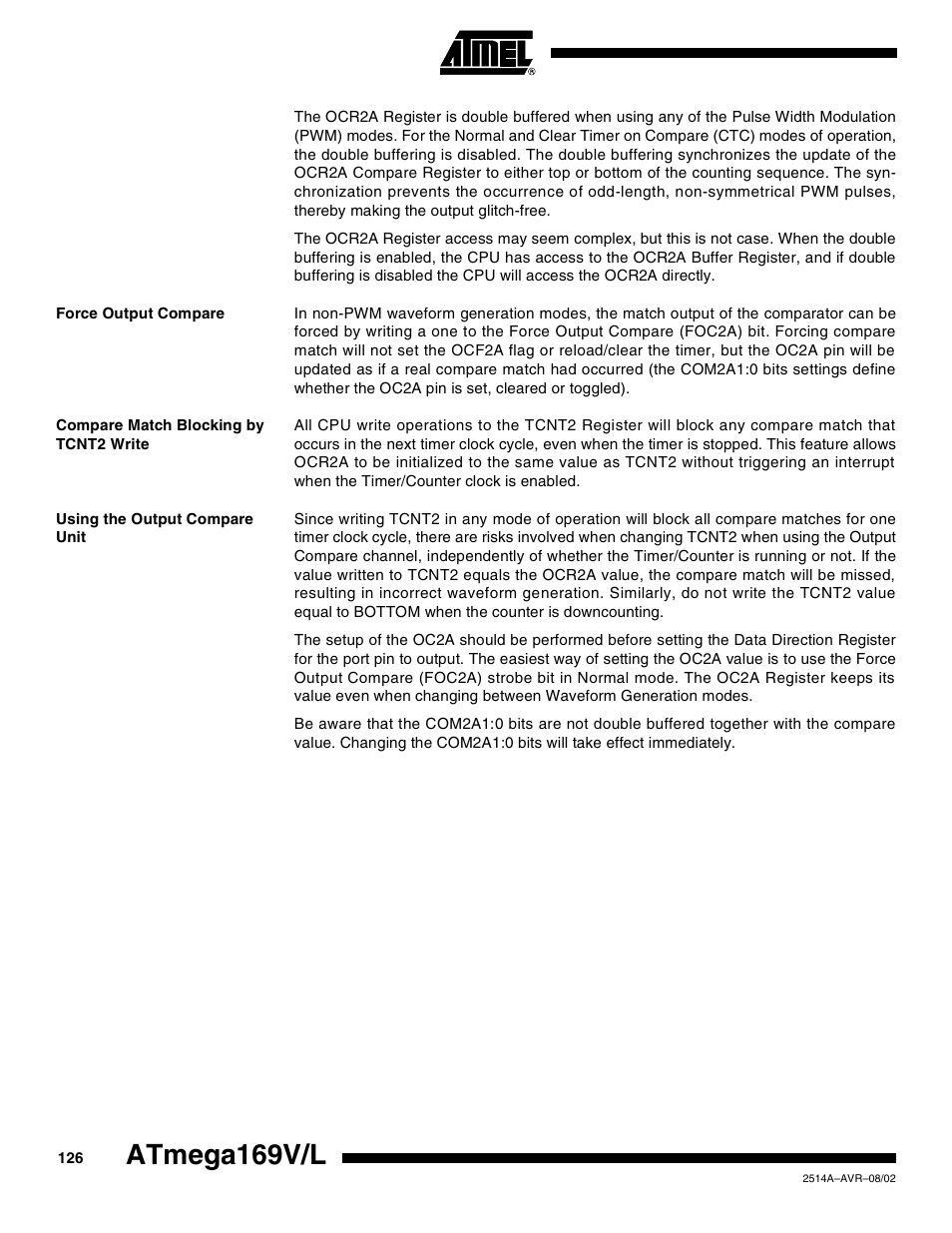 Force output compare, Compare match blocking by tcnt2 write, Using the output compare unit | Atmega169v/l | Rainbow Electronics Atmega169L User Manual | Page 126 / 317