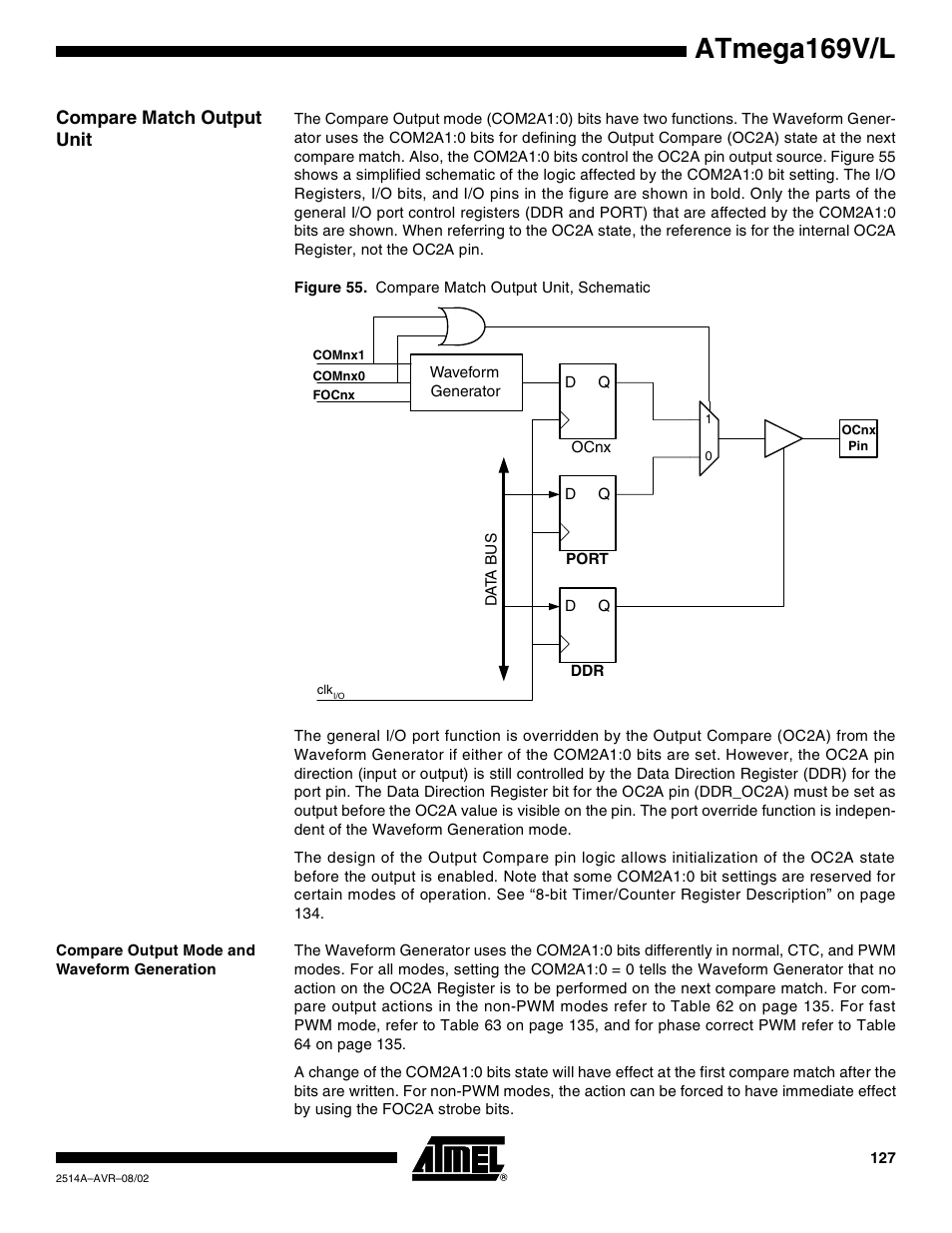 Compare match output unit, Compare output mode and waveform generation, Atmega169v/l | Rainbow Electronics Atmega169L User Manual | Page 127 / 317