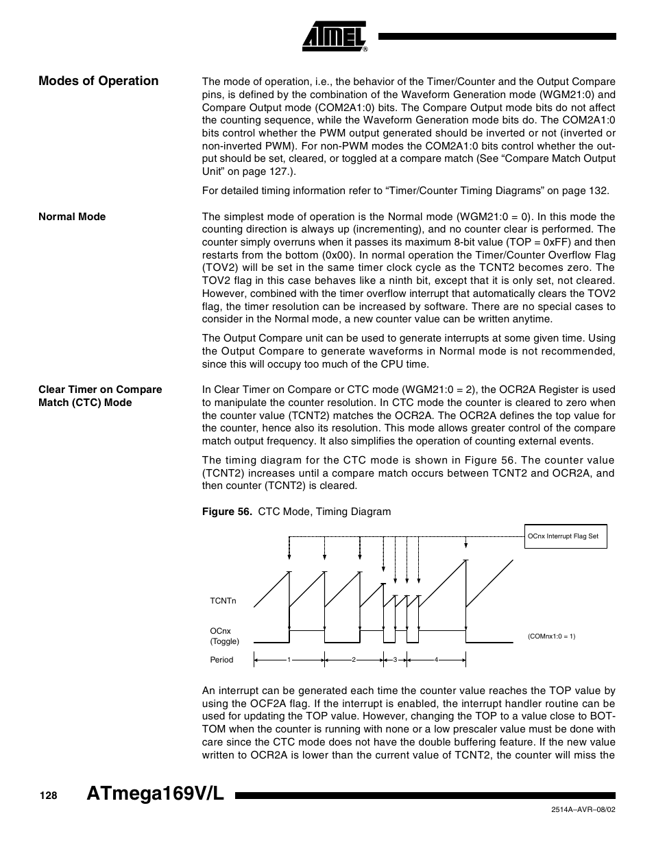 Modes of operation, Normal mode, Clear timer on compare match (ctc) mode | Atmega169v/l | Rainbow Electronics Atmega169L User Manual | Page 128 / 317