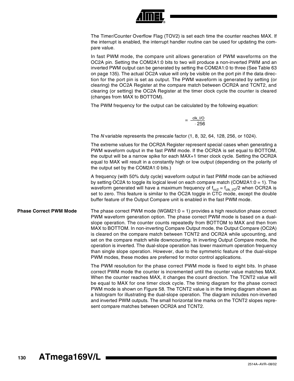 Phase correct pwm mode, Atmega169v/l | Rainbow Electronics Atmega169L User Manual | Page 130 / 317