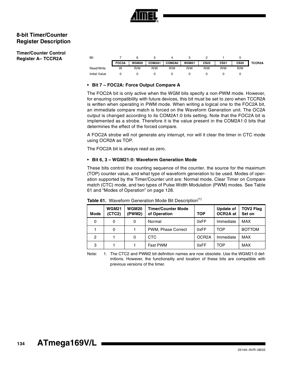 Bit timer/counter register description, Timer/counter control register a– tccr2a, Atmega169v/l | Rainbow Electronics Atmega169L User Manual | Page 134 / 317