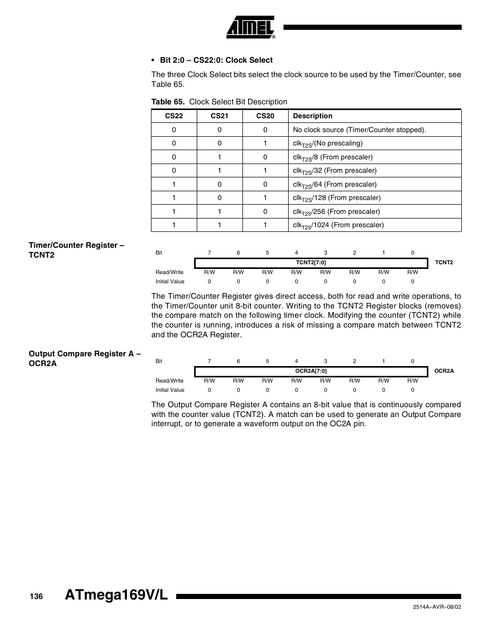 Timer/counter register – tcnt2, Output compare register a – ocr2a, Atmega169v/l | Rainbow Electronics Atmega169L User Manual | Page 136 / 317
