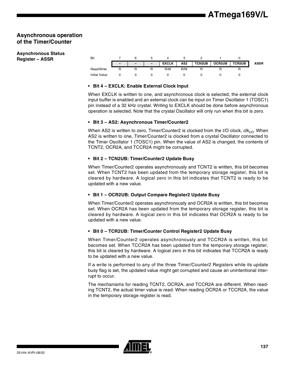 Asynchronous operation of the timer/counter, Asynchronous status register – assr, Atmega169v/l | Rainbow Electronics Atmega169L User Manual | Page 137 / 317