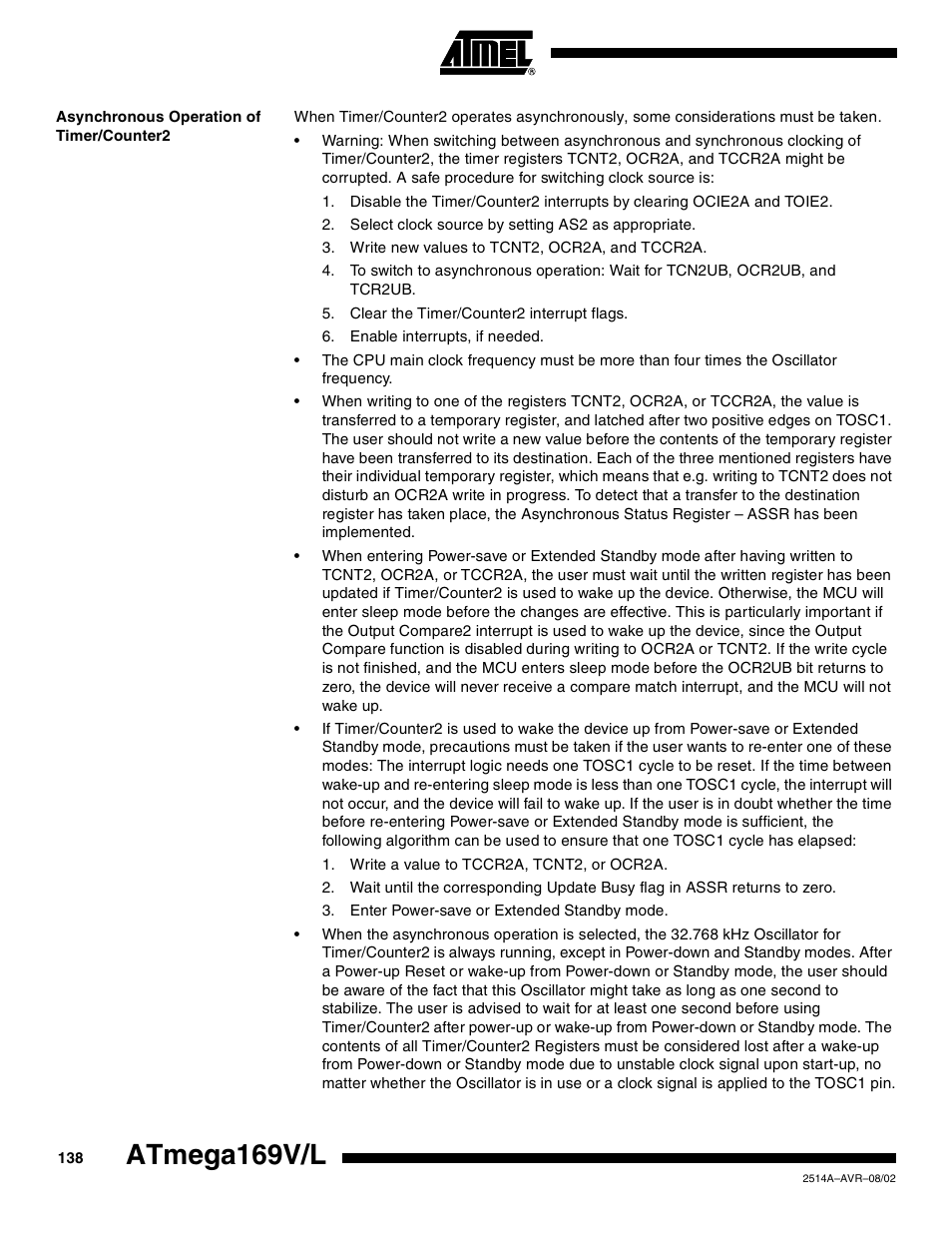 Asynchronous operation of timer/counter2, Atmega169v/l | Rainbow Electronics Atmega169L User Manual | Page 138 / 317