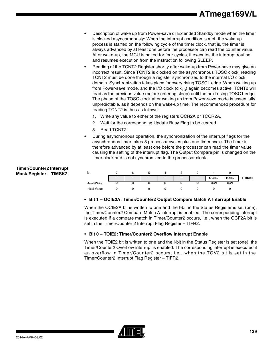 Timer/counter2 interrupt mask register – timsk2, Atmega169v/l | Rainbow Electronics Atmega169L User Manual | Page 139 / 317