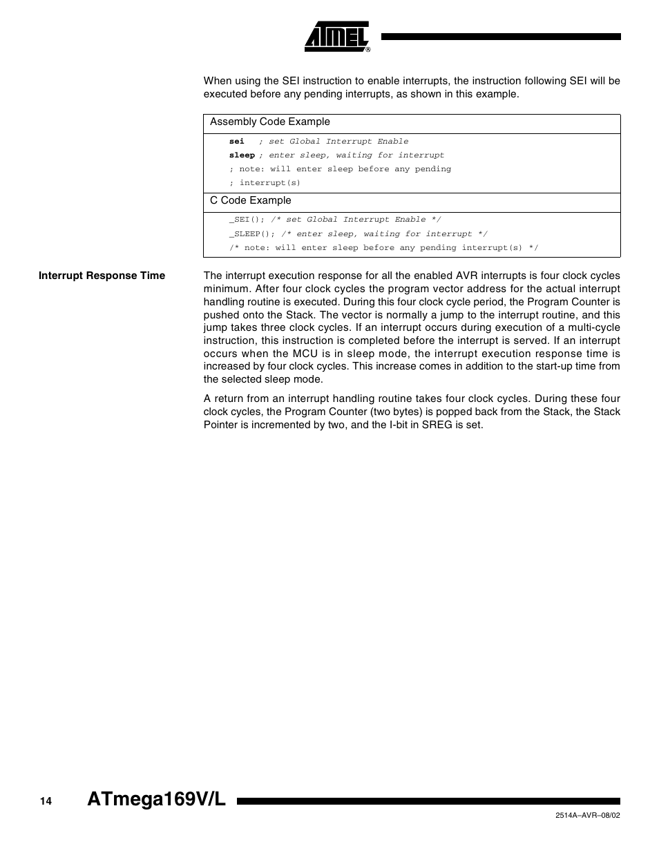 Interrupt response time, Atmega169v/l | Rainbow Electronics Atmega169L User Manual | Page 14 / 317