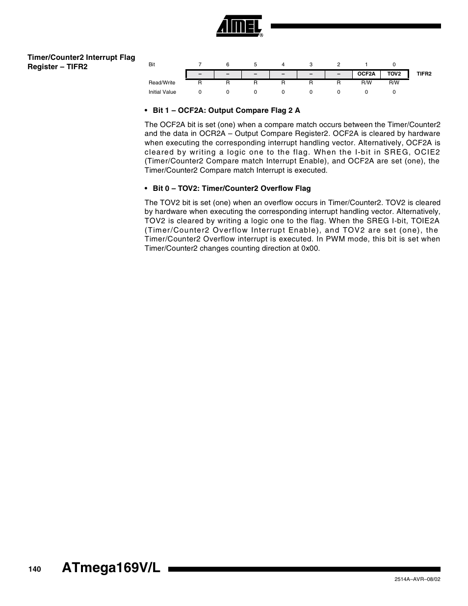 Timer/counter2 interrupt flag register – tifr2, Atmega169v/l | Rainbow Electronics Atmega169L User Manual | Page 140 / 317