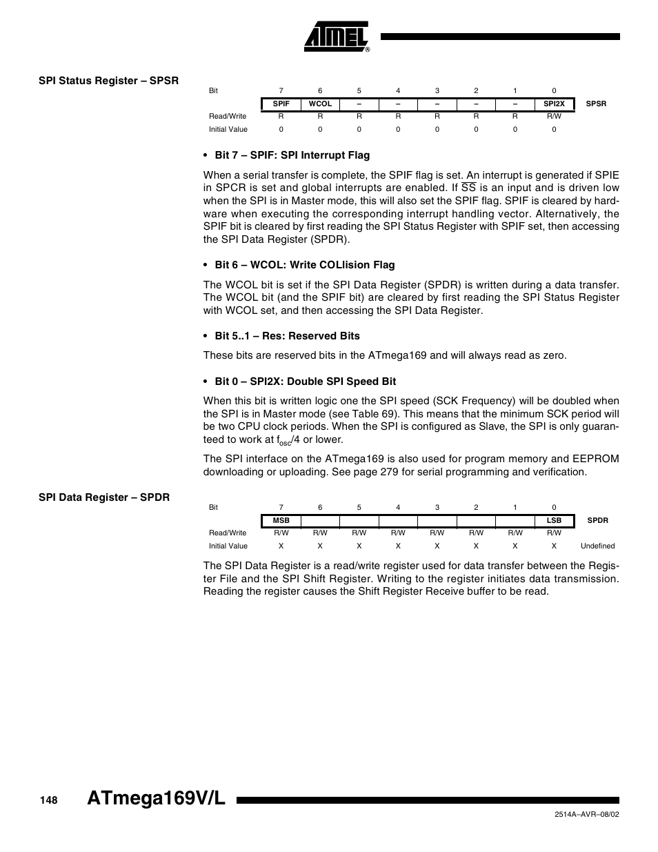 Spi status register – spsr, Spi data register – spdr, Atmega169v/l | Rainbow Electronics Atmega169L User Manual | Page 148 / 317