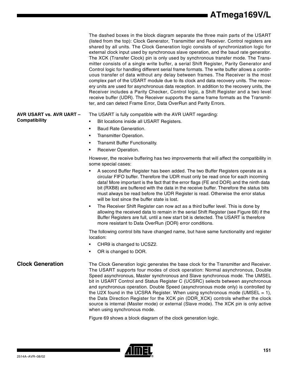 Avr usart vs. avr uart – compatibility, Clock generation, Atmega169v/l | Rainbow Electronics Atmega169L User Manual | Page 151 / 317