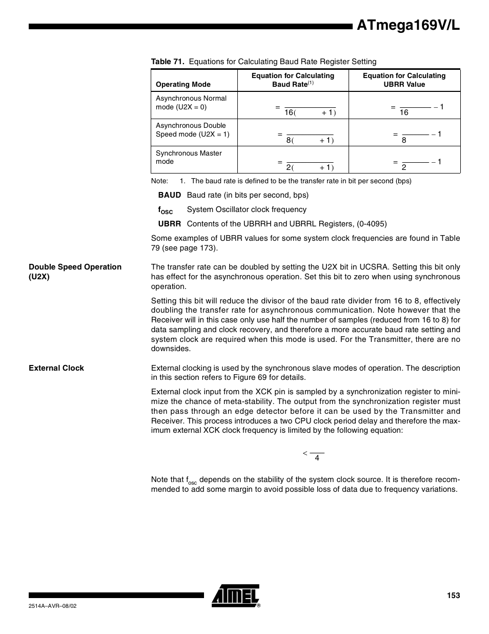 Double speed operation (u2x), External clock, Atmega169v/l | Rainbow Electronics Atmega169L User Manual | Page 153 / 317