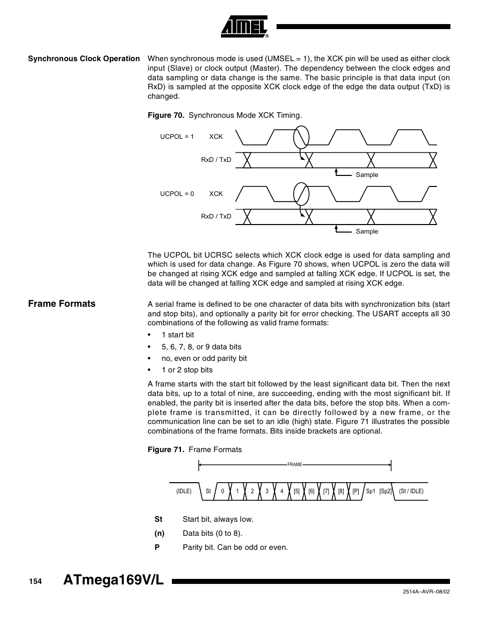 Synchronous clock operation, Frame formats, Atmega169v/l | Rainbow Electronics Atmega169L User Manual | Page 154 / 317