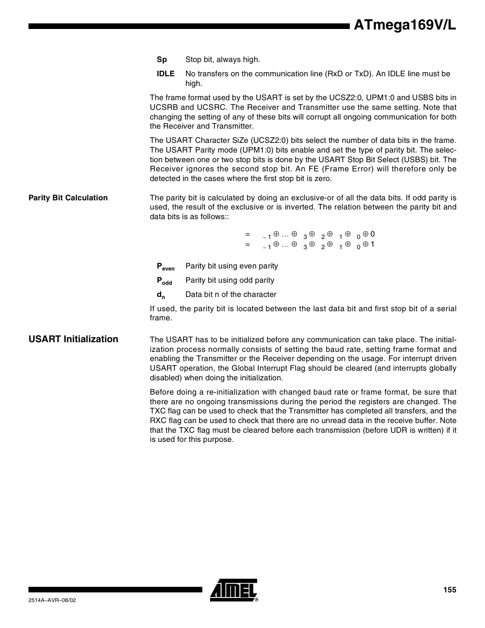 Parity bit calculation, Usart initialization, Atmega169v/l | Rainbow Electronics Atmega169L User Manual | Page 155 / 317