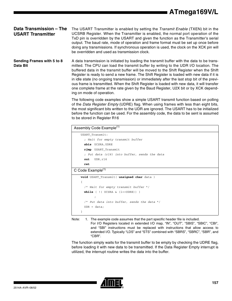 Data transmission – the usart transmitter, Sending frames with 5 to 8 data bit, Atmega169v/l | Rainbow Electronics Atmega169L User Manual | Page 157 / 317