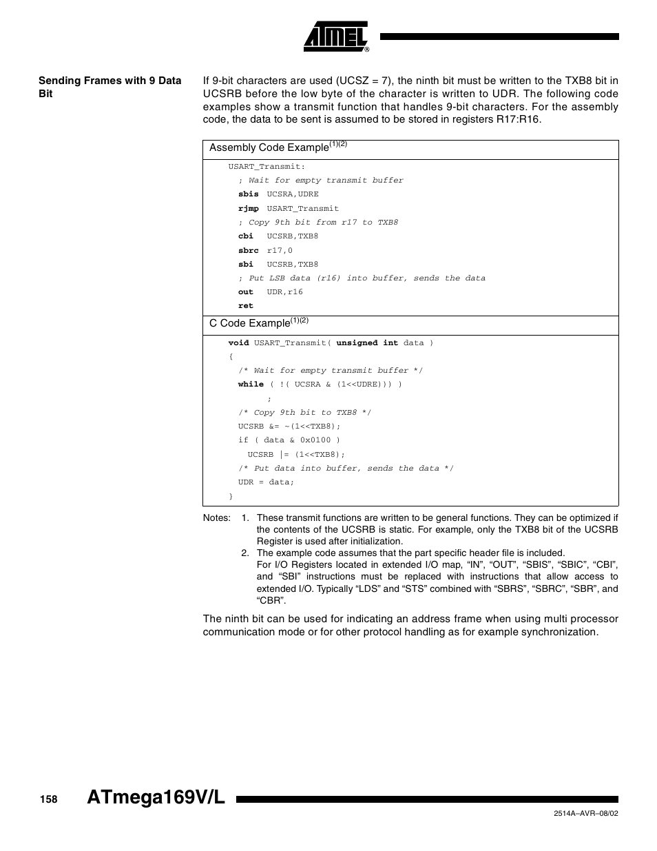Sending frames with 9 data bit, Atmega169v/l | Rainbow Electronics Atmega169L User Manual | Page 158 / 317