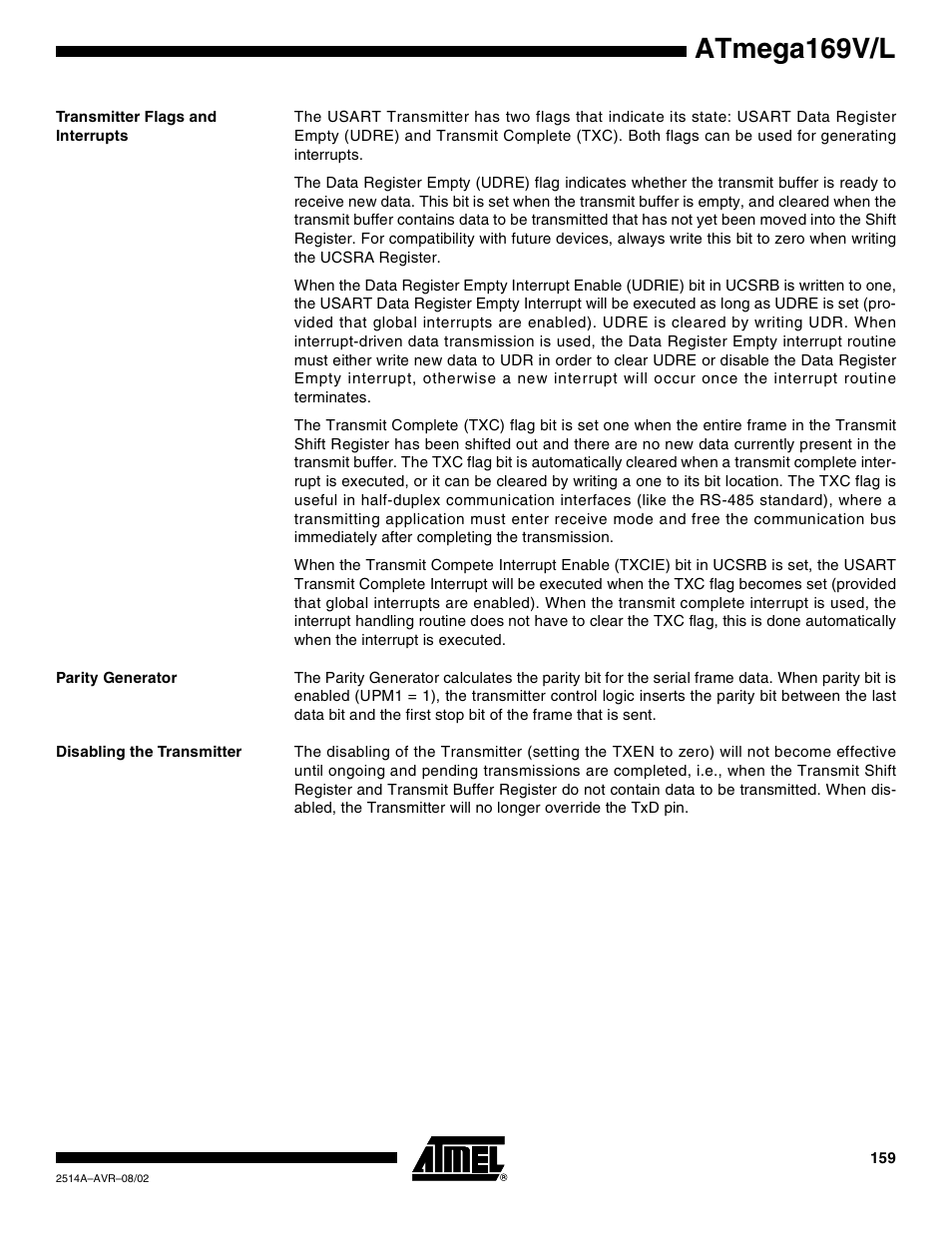 Transmitter flags and interrupts, Parity generator, Disabling the transmitter | Atmega169v/l | Rainbow Electronics Atmega169L User Manual | Page 159 / 317