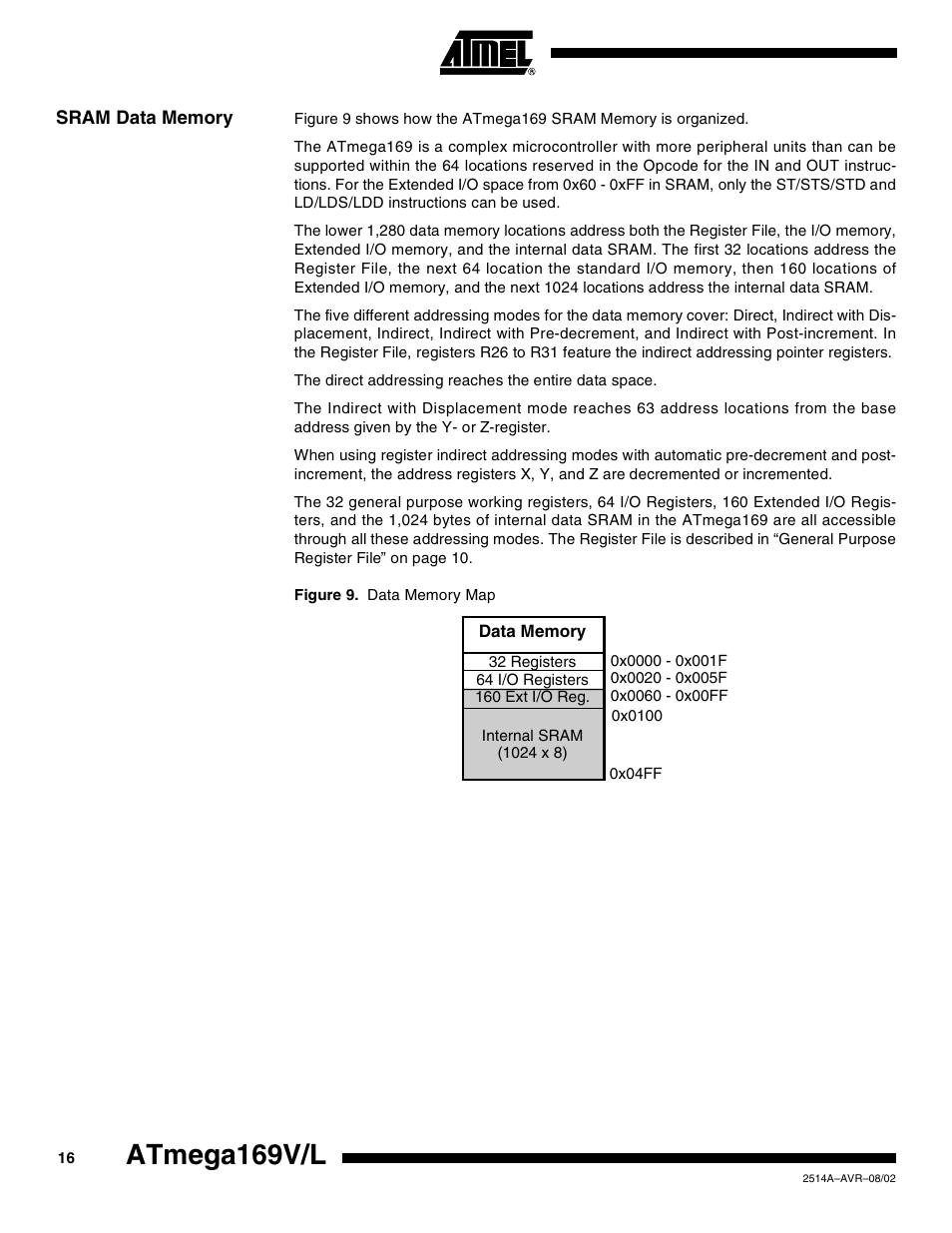 Sram data memory, Atmega169v/l | Rainbow Electronics Atmega169L User Manual | Page 16 / 317