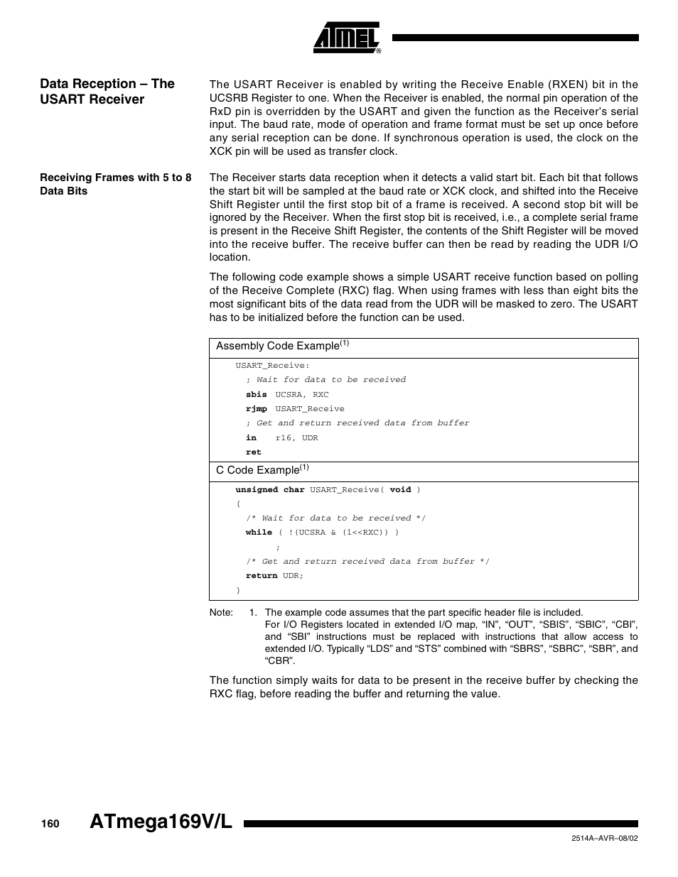 Data reception – the usart receiver, Receiving frames with 5 to 8 data bits, Atmega169v/l | Rainbow Electronics Atmega169L User Manual | Page 160 / 317