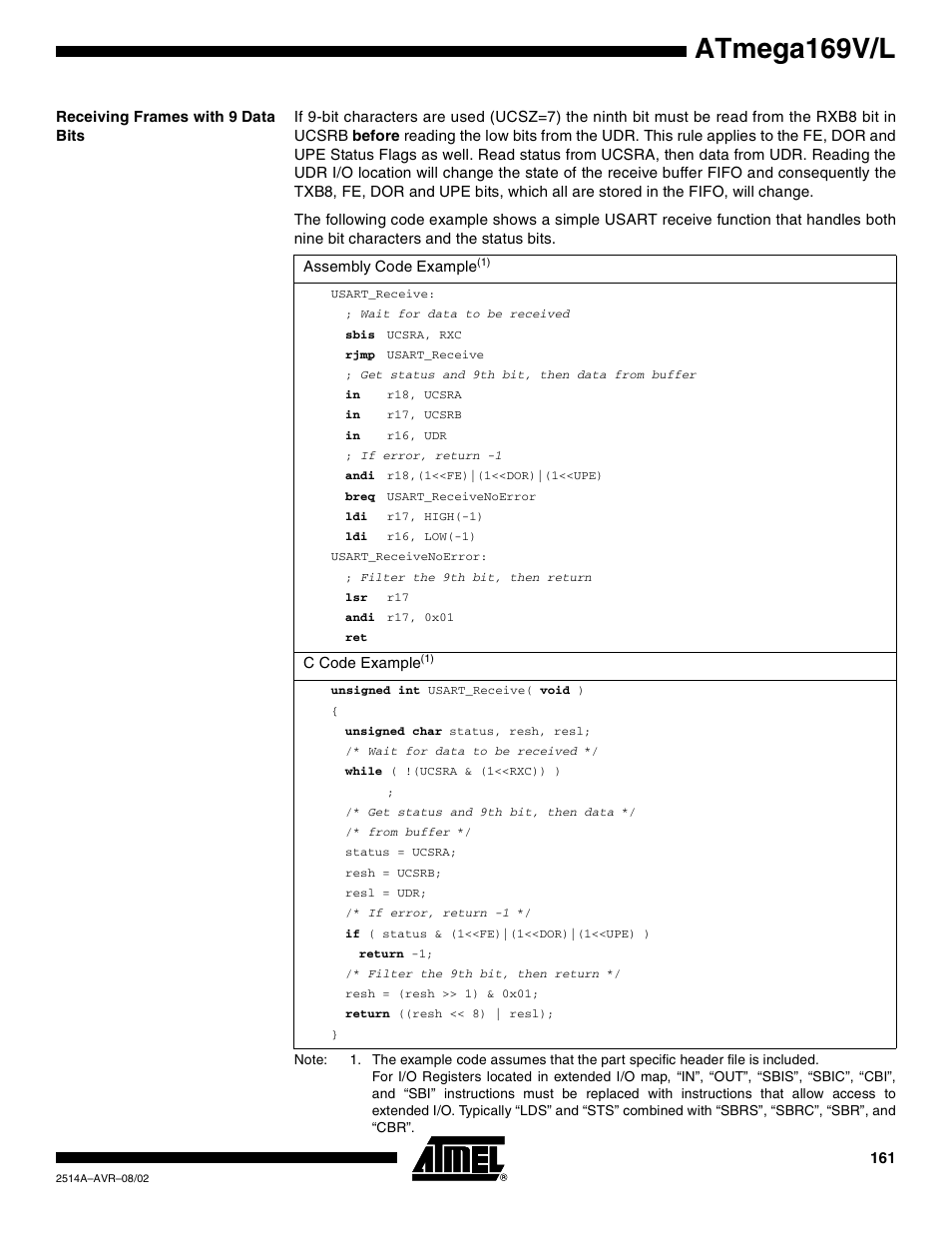 Receiving frames with 9 data bits, Atmega169v/l | Rainbow Electronics Atmega169L User Manual | Page 161 / 317
