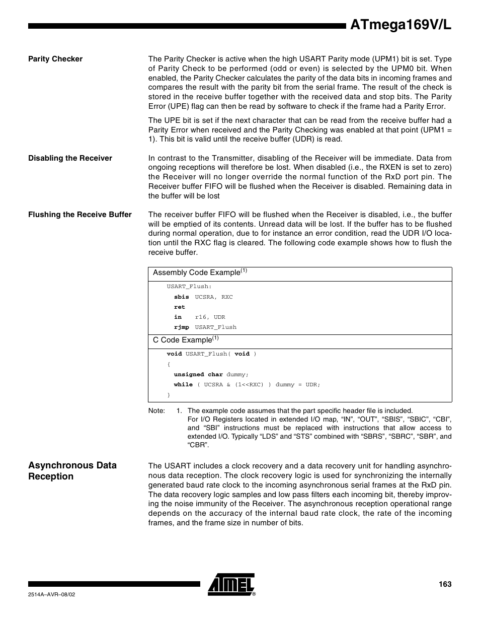 Parity checker, Disabling the receiver, Flushing the receive buffer | Asynchronous data reception, Atmega169v/l | Rainbow Electronics Atmega169L User Manual | Page 163 / 317