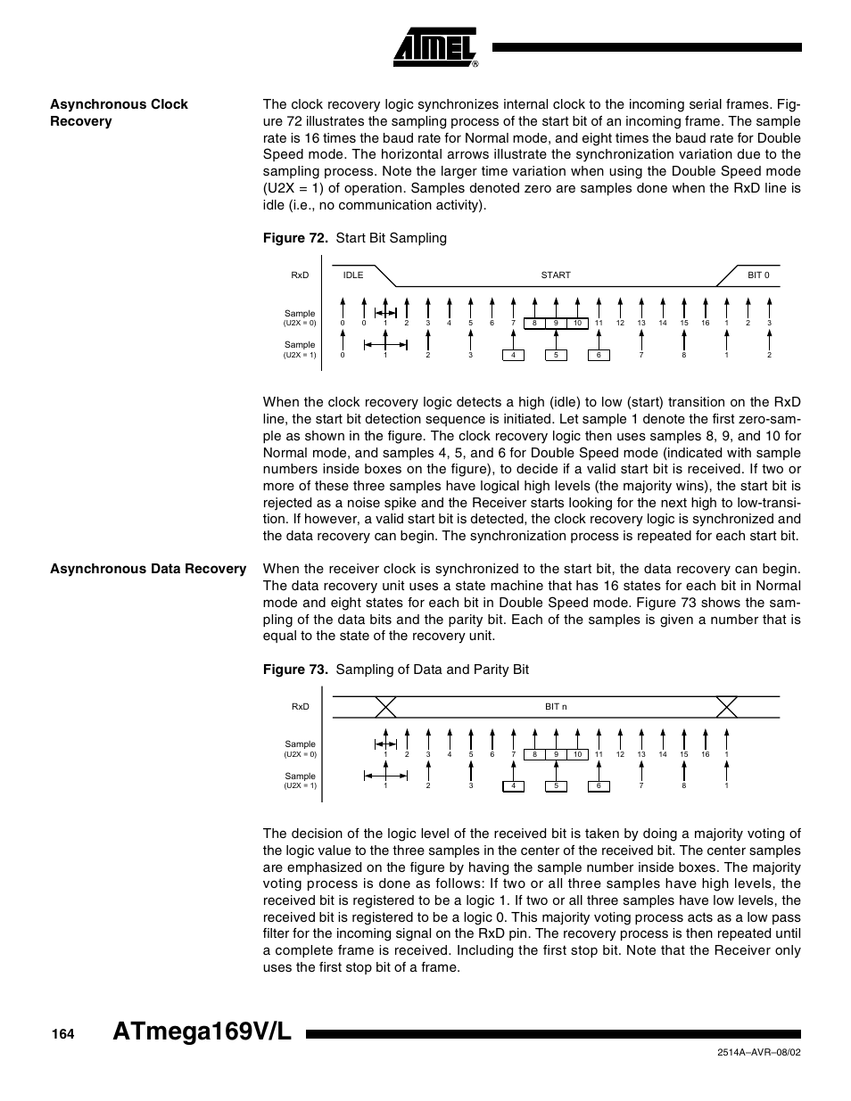 Asynchronous clock recovery, Asynchronous data recovery, Atmega169v/l | Rainbow Electronics Atmega169L User Manual | Page 164 / 317