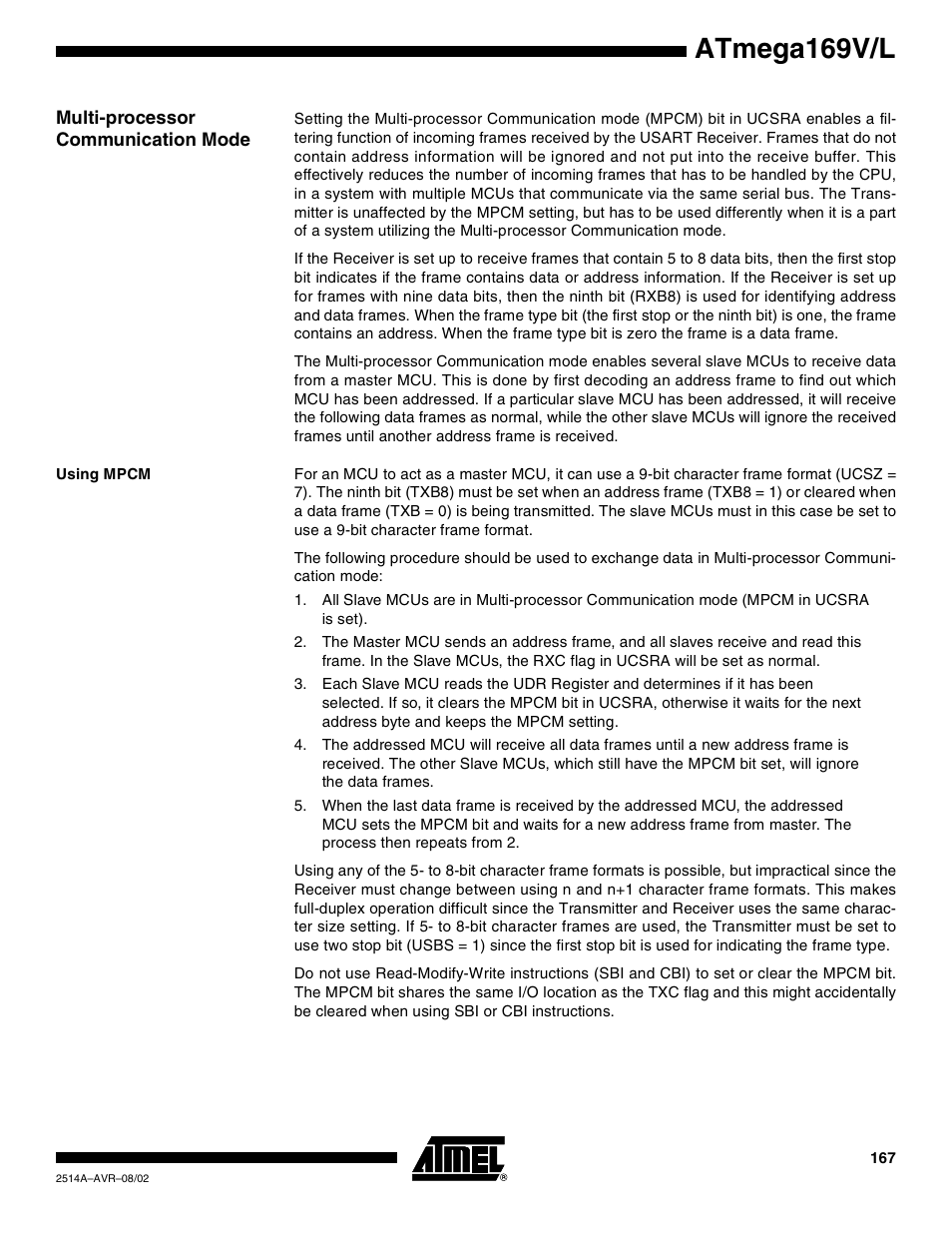 Multi-processor communication mode, Using mpcm, Atmega169v/l | Rainbow Electronics Atmega169L User Manual | Page 167 / 317
