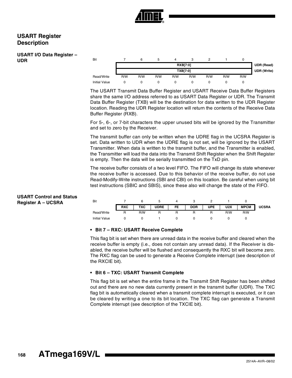 Usart register description, Usart i/o data register – udr, Usart control and status register a – ucsra | Atmega169v/l | Rainbow Electronics Atmega169L User Manual | Page 168 / 317