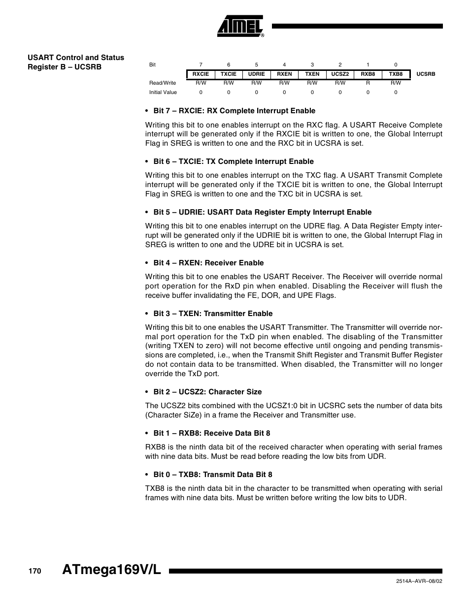 Usart control and status register b – ucsrb, Atmega169v/l | Rainbow Electronics Atmega169L User Manual | Page 170 / 317
