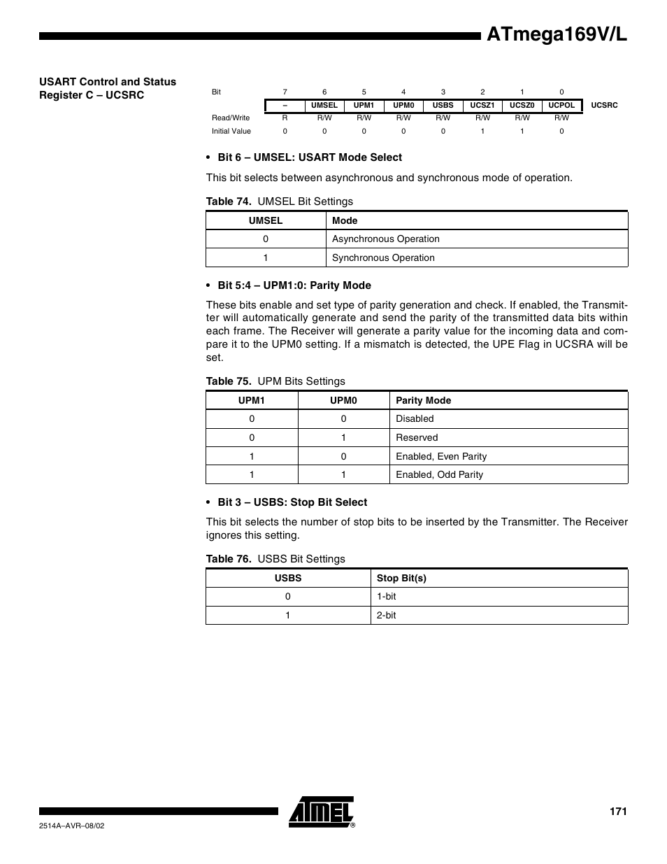 Usart control and status register c – ucsrc, Atmega169v/l | Rainbow Electronics Atmega169L User Manual | Page 171 / 317