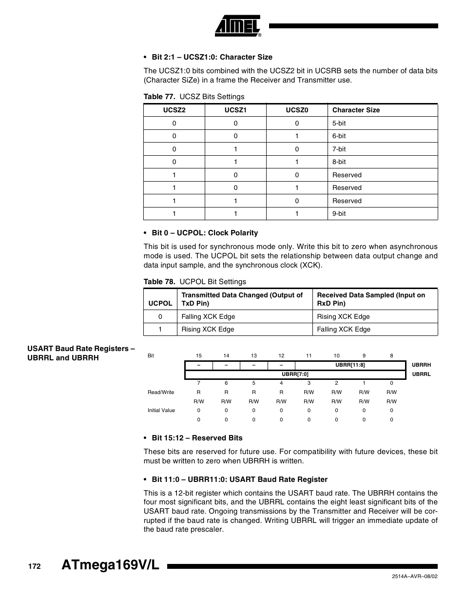 Usart baud rate registers – ubrrl and ubrrh, Atmega169v/l | Rainbow Electronics Atmega169L User Manual | Page 172 / 317