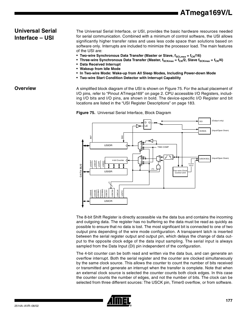 Universal serial interface – usi, Overview, Atmega169v/l | Rainbow Electronics Atmega169L User Manual | Page 177 / 317