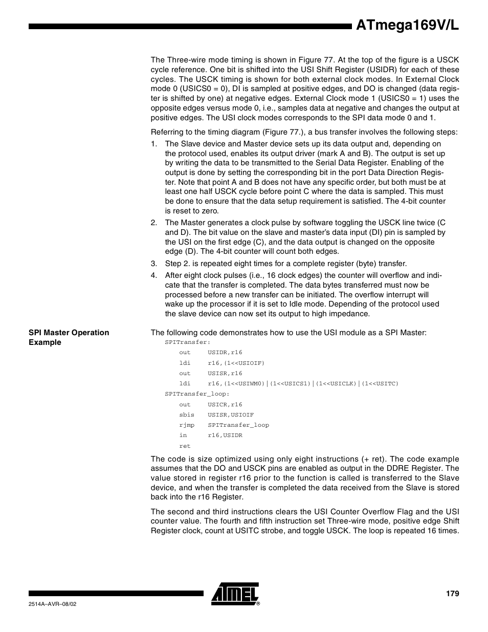 Spi master operation example, Atmega169v/l | Rainbow Electronics Atmega169L User Manual | Page 179 / 317