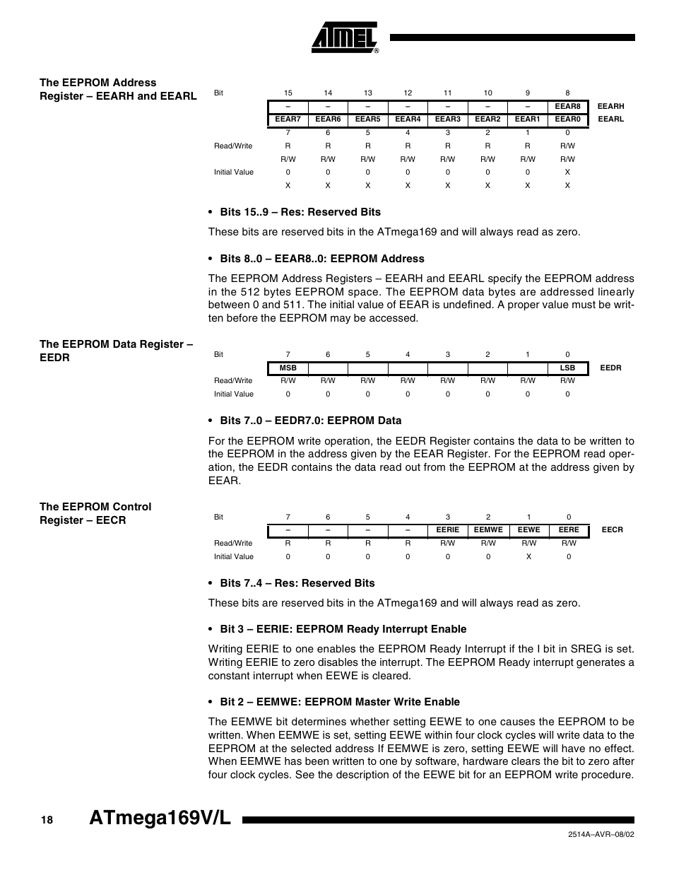 The eeprom address register – eearh and eearl, The eeprom data register – eedr, The eeprom control register – eecr | Atmega169v/l | Rainbow Electronics Atmega169L User Manual | Page 18 / 317