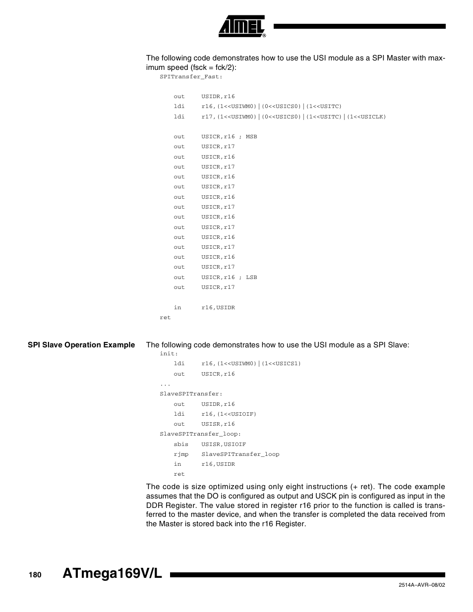 Spi slave operation example, Atmega169v/l | Rainbow Electronics Atmega169L User Manual | Page 180 / 317