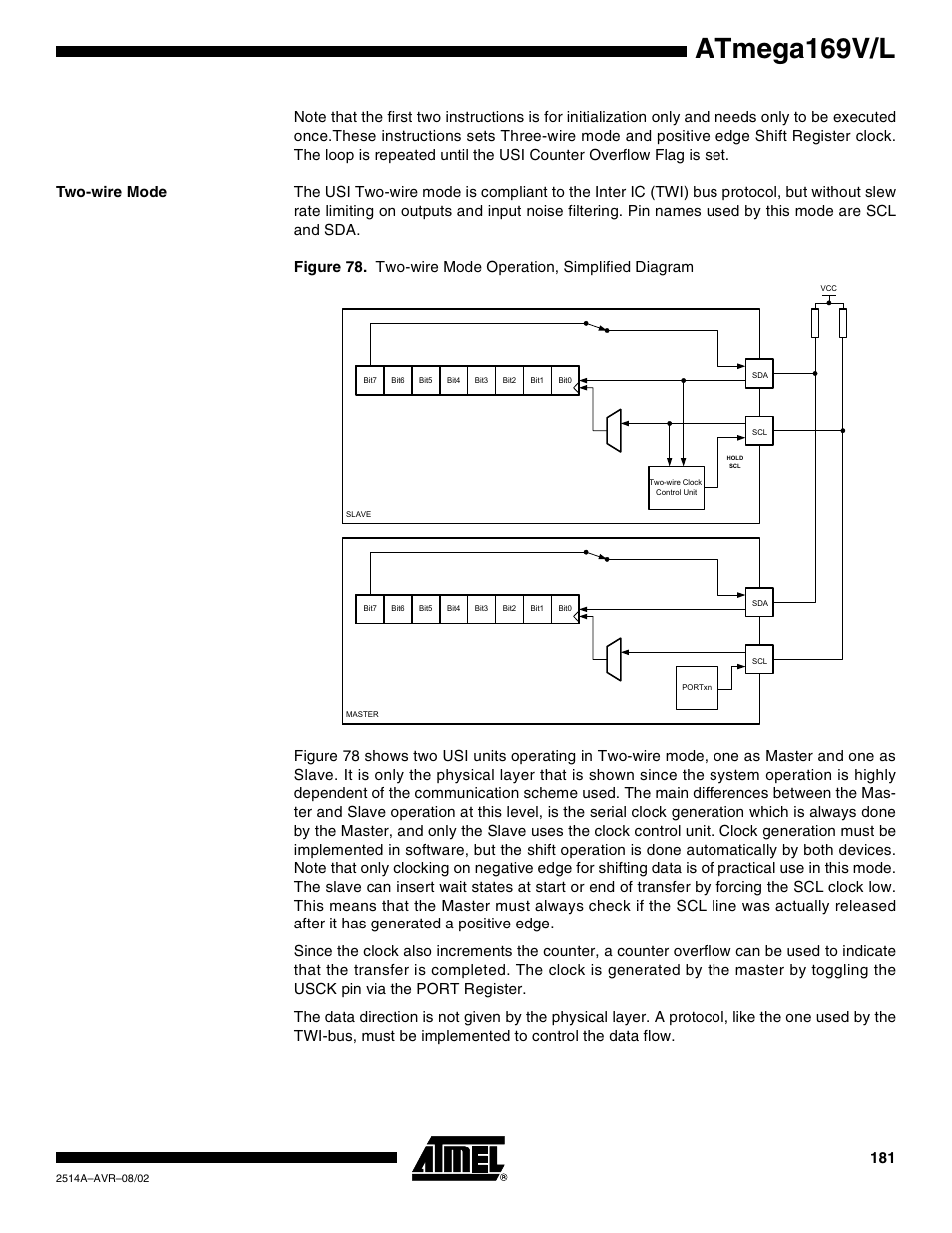 Two-wire mode, Atmega169v/l | Rainbow Electronics Atmega169L User Manual | Page 181 / 317