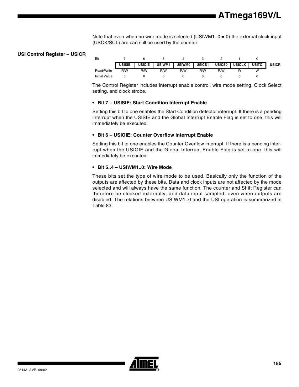 Usi control register – usicr, Atmega169v/l | Rainbow Electronics Atmega169L User Manual | Page 185 / 317