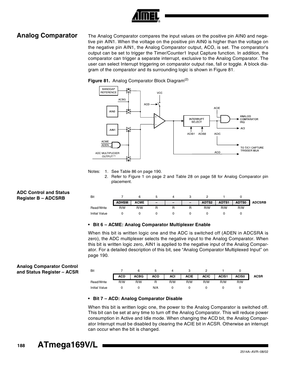 Analog comparator, Adc control and status register b – adcsrb, Atmega169v/l | Rainbow Electronics Atmega169L User Manual | Page 188 / 317