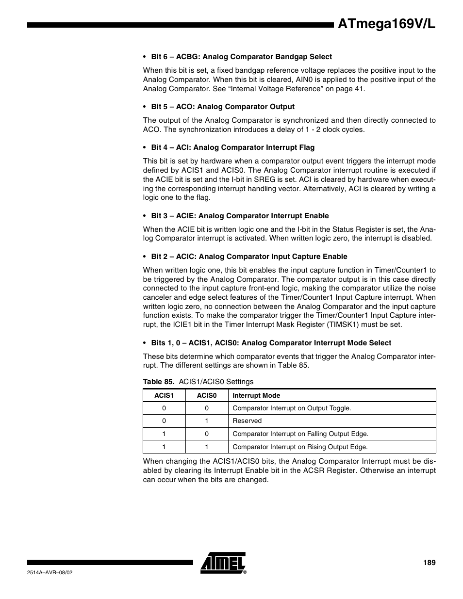 Atmega169v/l | Rainbow Electronics Atmega169L User Manual | Page 189 / 317