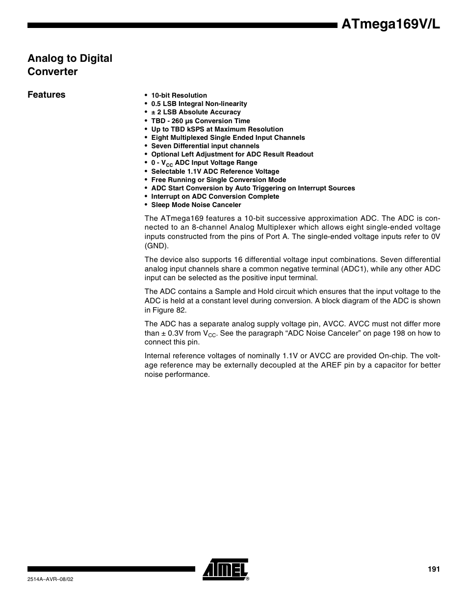 Analog to digital converter, Features, Atmega169v/l | Rainbow Electronics Atmega169L User Manual | Page 191 / 317