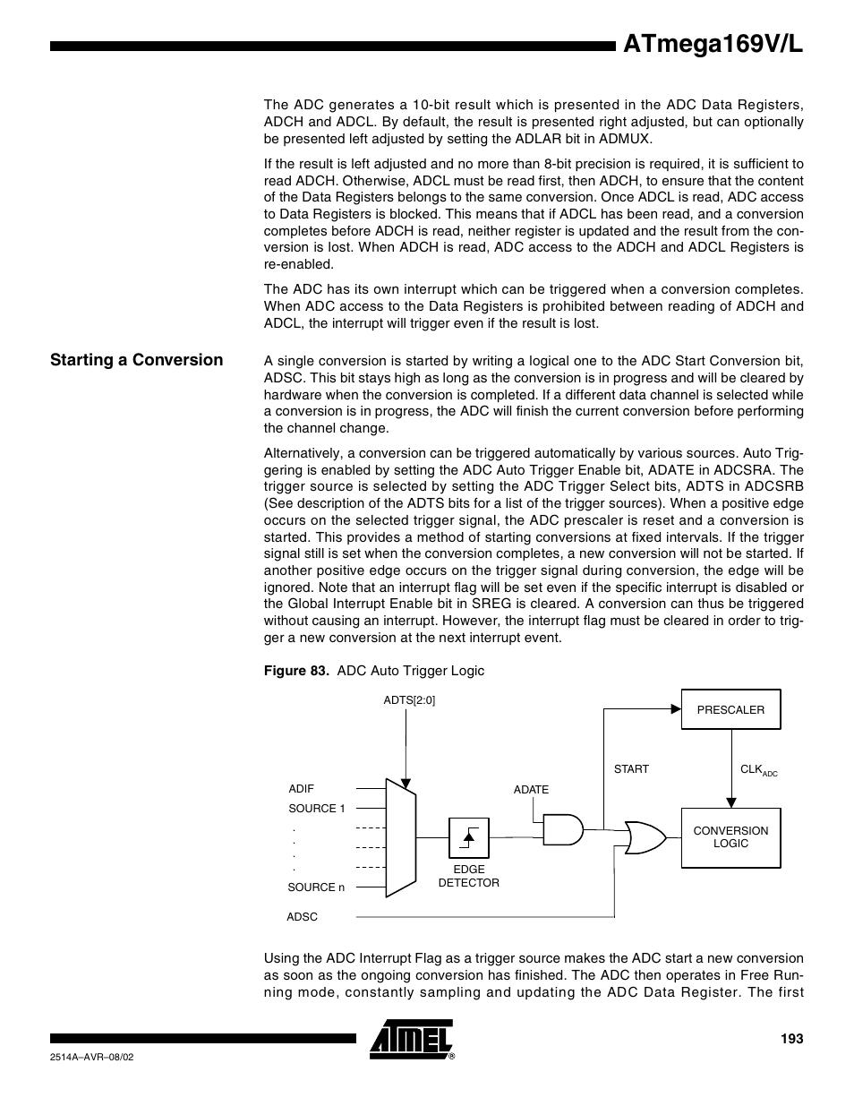 Starting a conversion, Atmega169v/l | Rainbow Electronics Atmega169L User Manual | Page 193 / 317